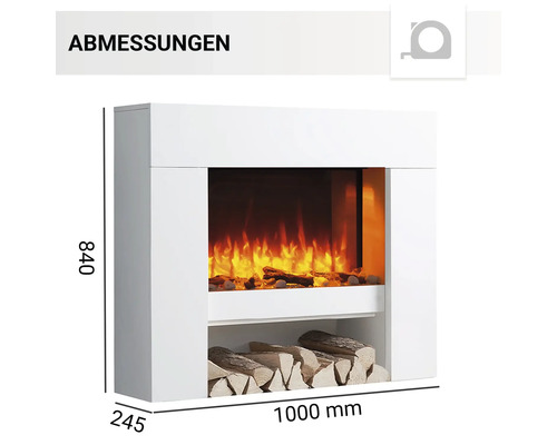 Abmessungen eines Elektrokamins mit Holzablage