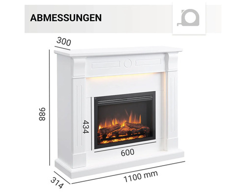 Abmessungen eines weißen Elektrokamins