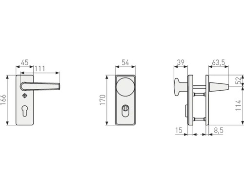 Technische Zeichnung eines Türdrückersets mit Abmessungen