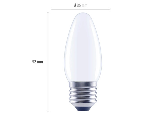Image d''une lampe bougie avec des dimensions de 92 mm de hauteur et 35 mm de diamètre.