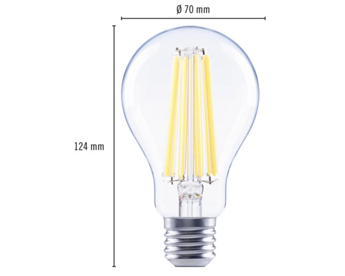 Ampoule LED transparente d''une hauteur de 124 millimètres et d''un diamètre de 70 millimètres.