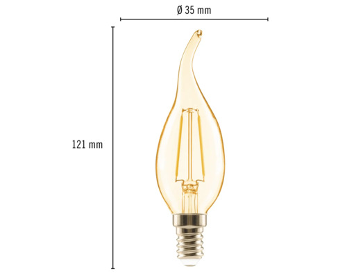 Dekorative Filament LED Lampe in Tropfenform mit den Maßen 121 mm Länge und 35 mm Durchmesser