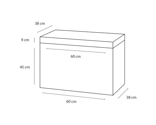 Illustration einer Aufbewahrungsbox mit den Maßen 60 cm Länge, 38 cm Breite und 45 cm Höhe.