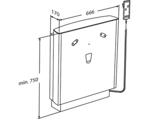 Technische Zeichnung eines Wickeltischs mit Maßangaben.
