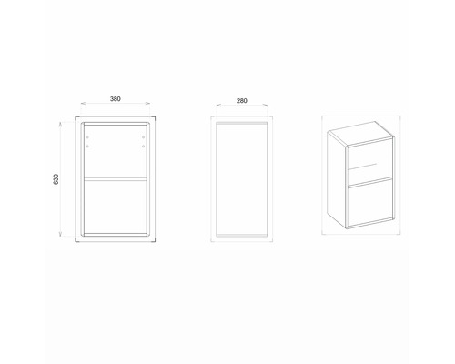 Technische Zeichnung eines Badezimmer-Hängeschranks mit Maßangaben