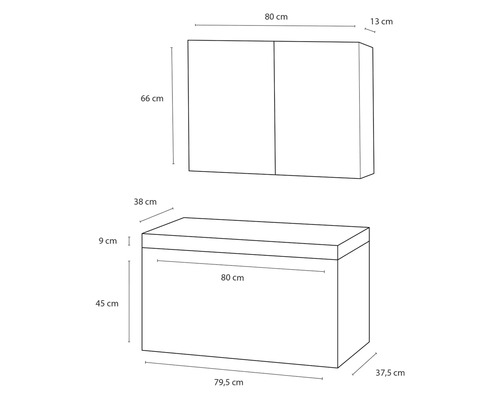 Dessin technique d''une armoire de salle de bain mesurant 80 cm de large, 66 cm de haut et 13 cm de profondeur, et d''un meuble sous-lavabo mesurant 79,5 cm de large, 45 cm de haut et 37,5 cm de profondeur.