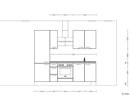 Schéma d''une kitchenette avec des éléments hauts et bas et des dimensions en millimètres