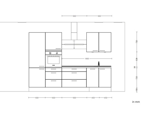 Schéma d''une kitchenette avec appareils électriques et dimensions en millimètres.