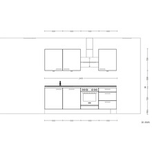Schéma d''une kitchenette avec évier, cuisinière, hotte aspirante et éléments hauts avec indications de dimensions.