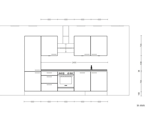 Schéma d''une kitchenette avec des éléments hauts et bas ainsi qu''une cuisinière et une hotte aspirante avec des dimensions en millimètres