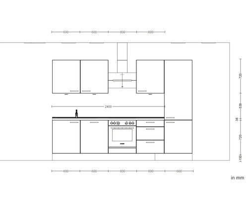 Schéma d''une kitchenette avec dimensions en millimètres