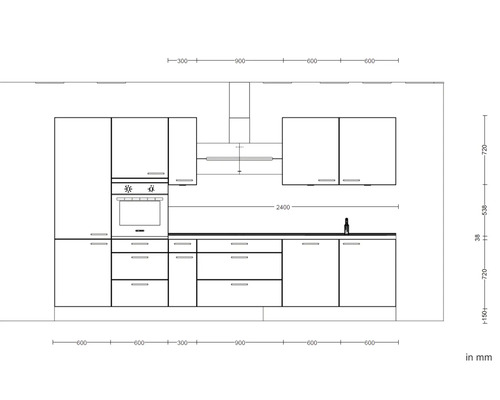 Schéma d''une kitchenette avec dimensions en millimètres