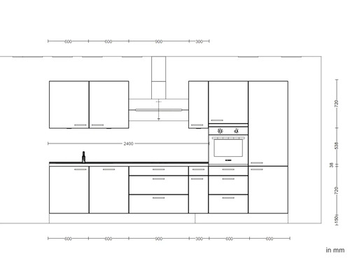 Schéma d''une kitchenette avec placards, évier, cuisinière et hotte aspirante avec dimensions en millimètres