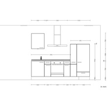 Schéma d''une kitchenette avec évier, cuisinière, hotte aspirante et armoires avec dimensions