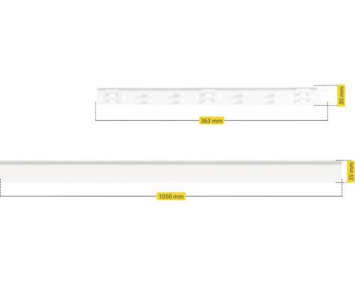 Zwei Regalschienen mit Maßangaben: 363 mm und 1050 mm.