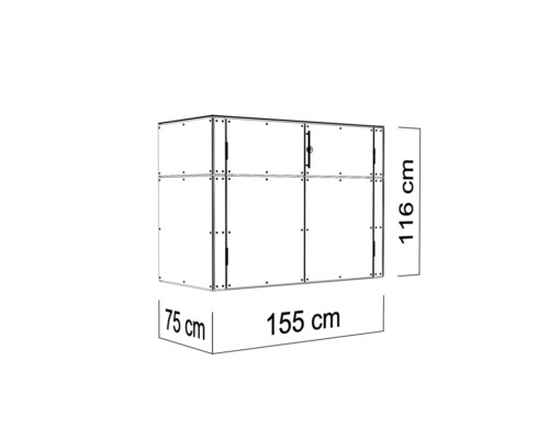 Abmessungen einer Gerätebox: 116 cm hoch, 155 cm breit und 75 cm tief.