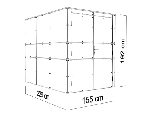 Image d''un abri de jardin avec des dimensions de 192 cm de hauteur, 229 cm de largeur et 155 cm de profondeur.