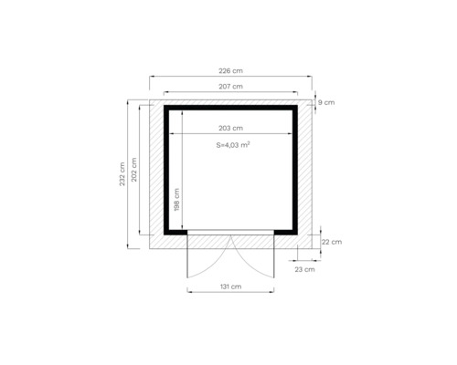 Grundriss mit Maßangaben: 226 cm Breite, 232 cm Höhe, 4,03 Quadratmeter Fläche