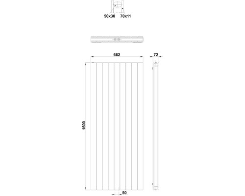 Technische Zeichnung eines Heizkörpers mit Maßangaben
