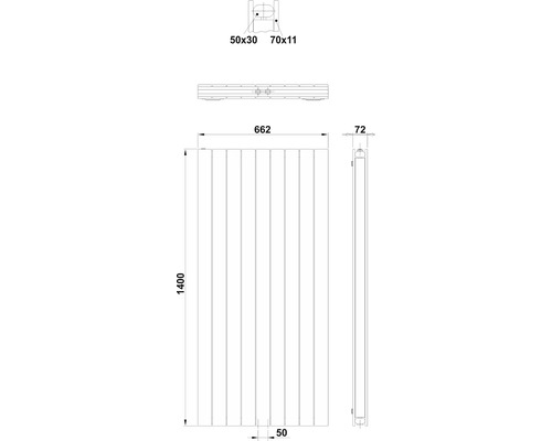Technische Zeichnung eines Heizkörpers mit Maßangaben.