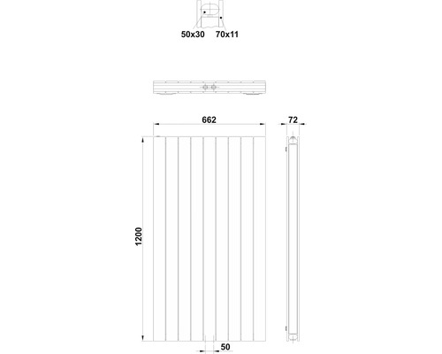 Technische Zeichnung eines Heizkörpers mit Maßangaben.