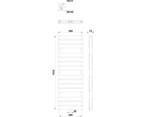 Technische Zeichnung eines Heizkörpers mit Abmessungen