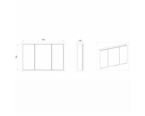 Technische Zeichnung eines Spiegelschranks mit den Massen 1100 x 700 x 150 Millimeter.
