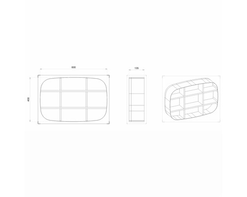 Schéma technique d''une étagère à neuf compartiments et bords arrondis avec dimensions