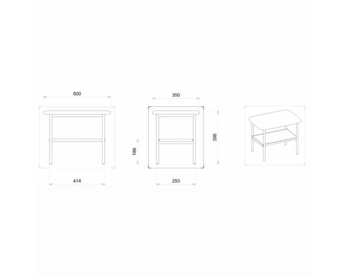 Technische Zeichnung eines Tisches mit Regal und Maßangaben