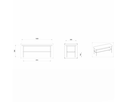Technische Zeichnung eines Tisches mit den Maßen 1000 x 350 x 396 Millimeter.