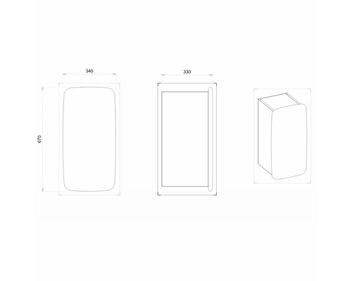 Technische Zeichnung eines Badezimmerschranks mit den Maßen 340 x 670 x 330 Millimeter.