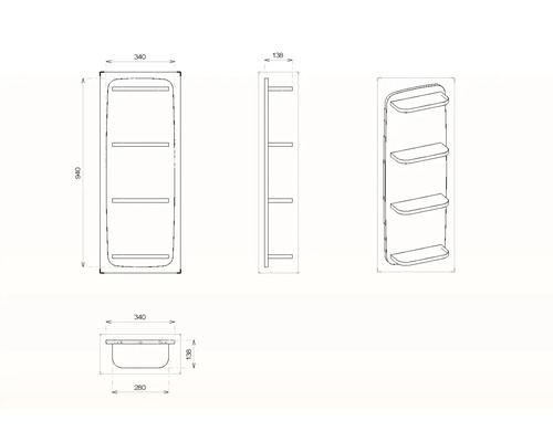 Technische Zeichnung eines Badezimmerregals mit drei Ablagen und Maßangaben.