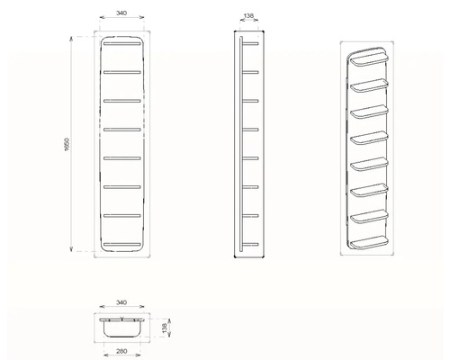 Technische Zeichnung eines Regals mit Abmessungen