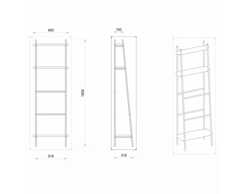 Technische Zeichnung eines Regals mit fünf Ablageflächen und Maßangaben
