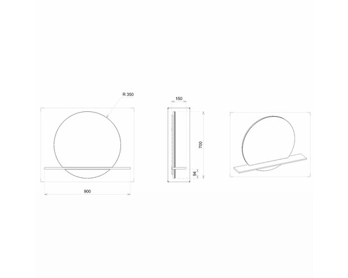 Dessin technique d''un miroir rond avec étagère et indications de dimensions