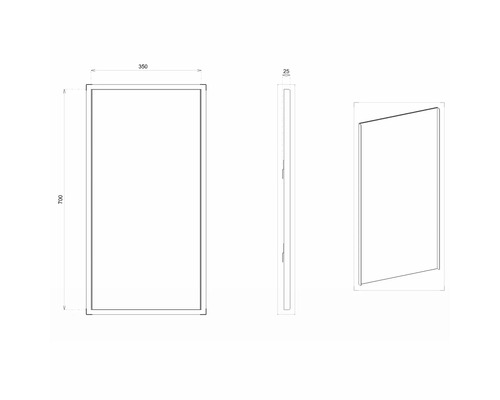 Dessin technique d''un miroir avec les dimensions 700 x 350 x 25 millimètres.