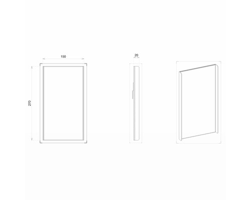 Schéma technique d''un miroir mesurant 150 x 270 x 20 millimètres.