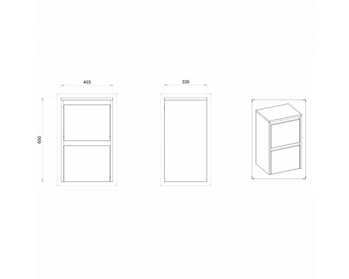 Technische Zeichnung eines Waschbeckenunterschranks mit zwei Schubladen und den Maßen 403 x 650 x 330 Millimeter.
