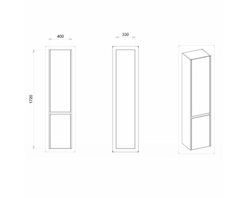 Schéma technique d''une armoire de salle de bains avec indications de dimensions