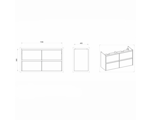 Technische Zeichnung eines Waschtischunterschranks mit vier Schubladen und Maßen.