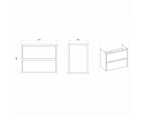 Technische Zeichnung eines Waschtischunterschranks mit Schubladen und Maßangaben