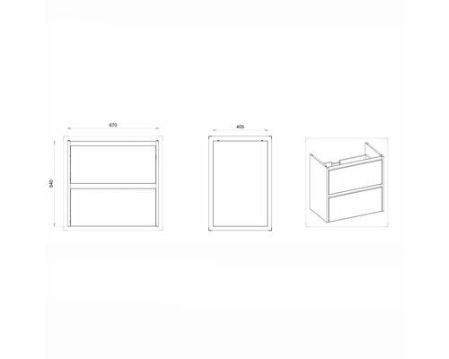 Technische Zeichnung eines Waschtischunterschranks mit zwei Schubladen und Maßangaben