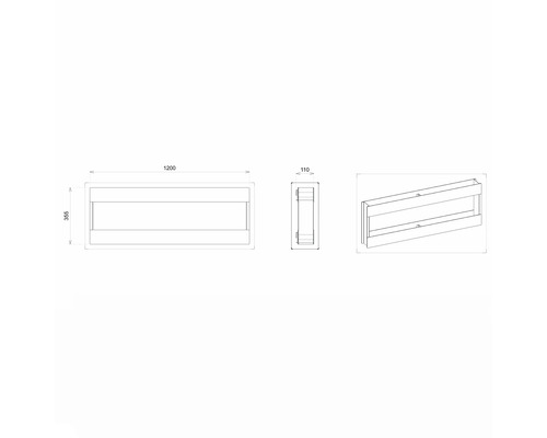 Technische Zeichnung einer Badablage mit den Maßen 1200 x 355 x 110 Millimeter.
