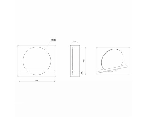 Technische Zeichnung eines runden Spiegels mit Ablage, Maße: 900 x 700 x 150 mm.
