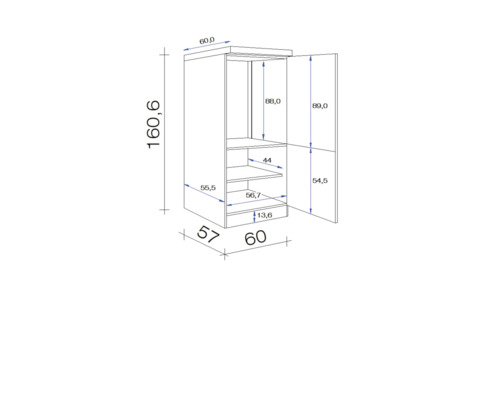 Technische Zeichnung eines offenen Schranks mit Maßangaben