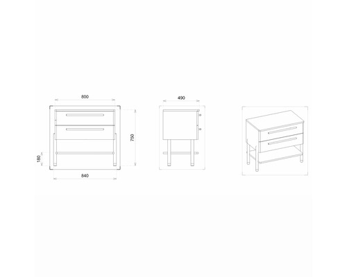 Dessin technique d''un meuble sous-lavabo avec deux tiroirs et une étagère de rangement avec dimensions