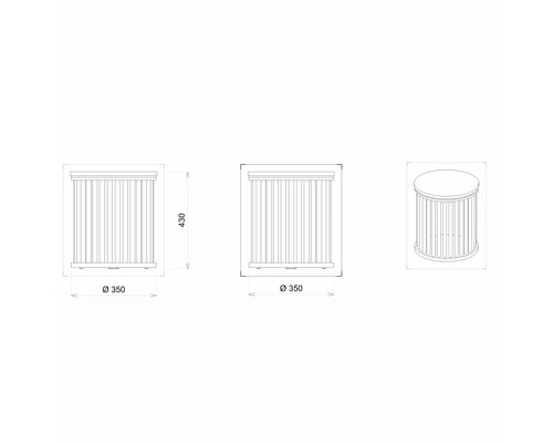 Technische Zeichnung eines runden Beistelltisches mit den Maßen 350 mal 430 Millimeter.