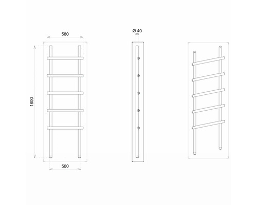 Technische Zeichnung eines Handtuchwärmers mit Maßen