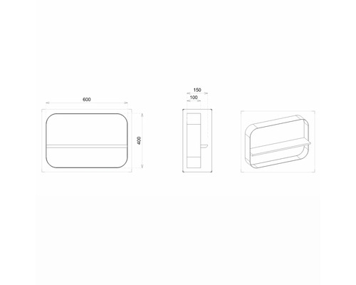 Technische Zeichnung eines Badmöbel-Sets mit Regal und den Maßen 600 x 400 x 150 mm.