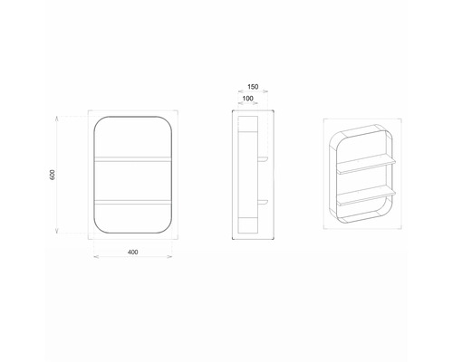Schéma technique d''une étagère murale avec deux tablettes et indications de dimensions.